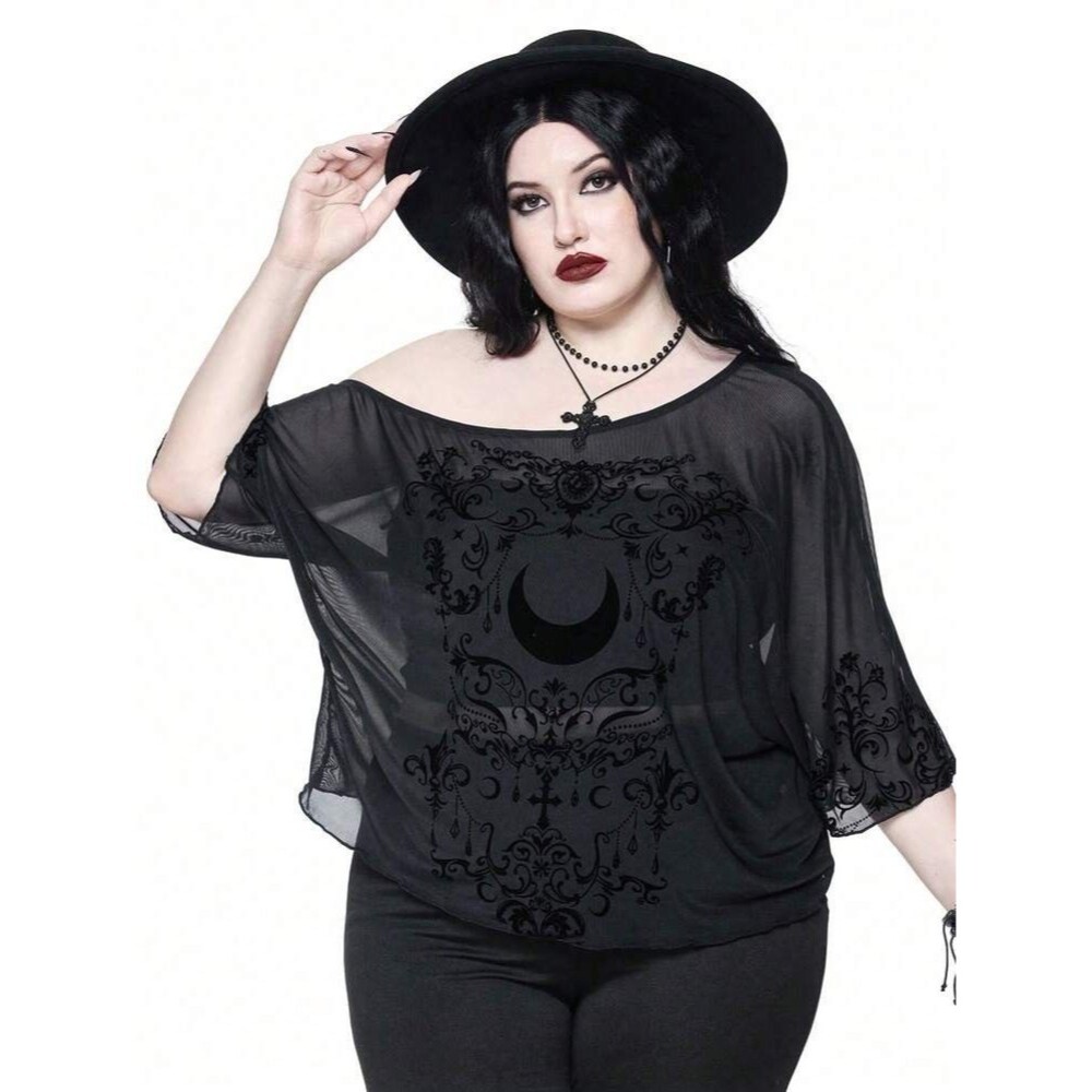 Romwe Romantic Gothic Retro Baroque Vine Moon Pattern Sheer Top Black 2XL NWT
